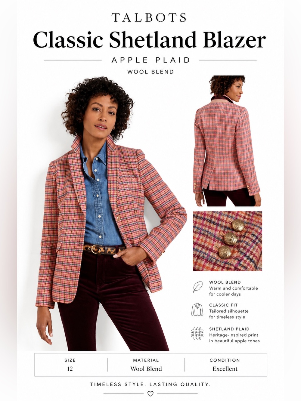 Talbots NWOT CLASSIC SHETLAND BLAZER APPLE PLAID sz 12 wool blend